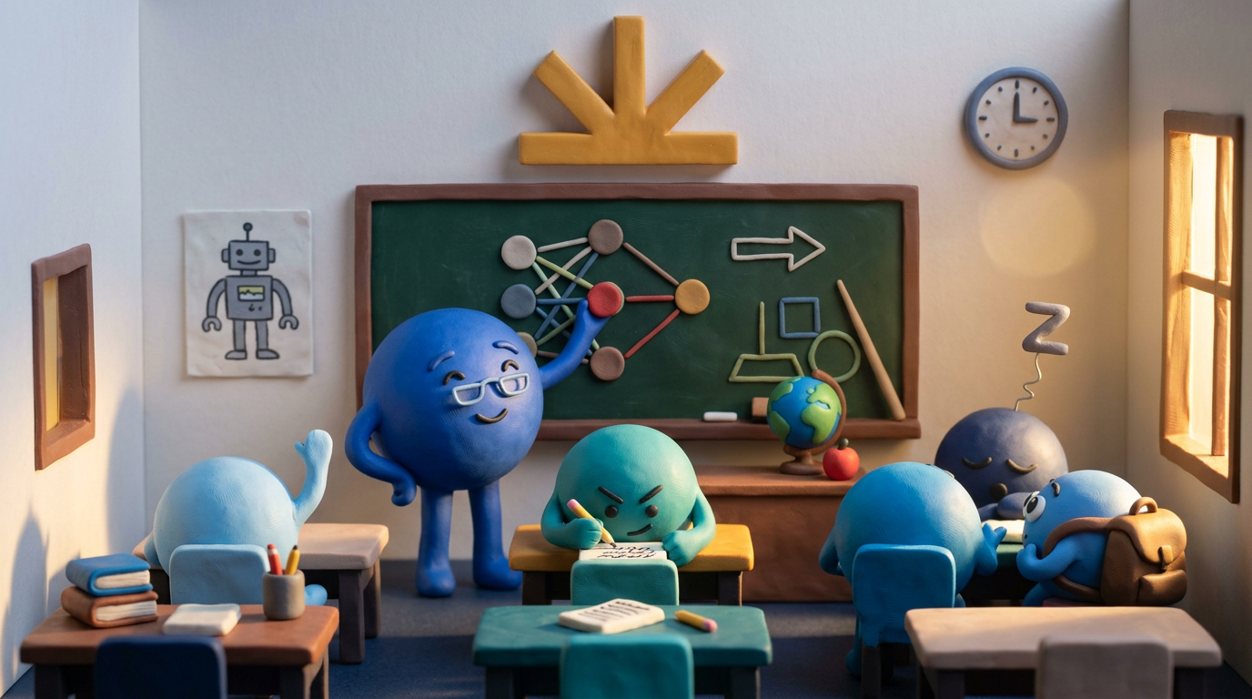 Clay classroom with teacher agent explaining neural networks on a chalkboard, students studying at tiny desks