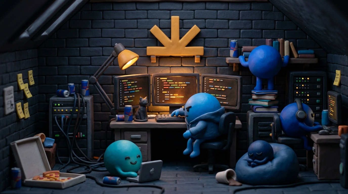 Clay hacker loft: agents coding at multi-monitor setup in a dark attic, pizza box and sleeping cat nearby