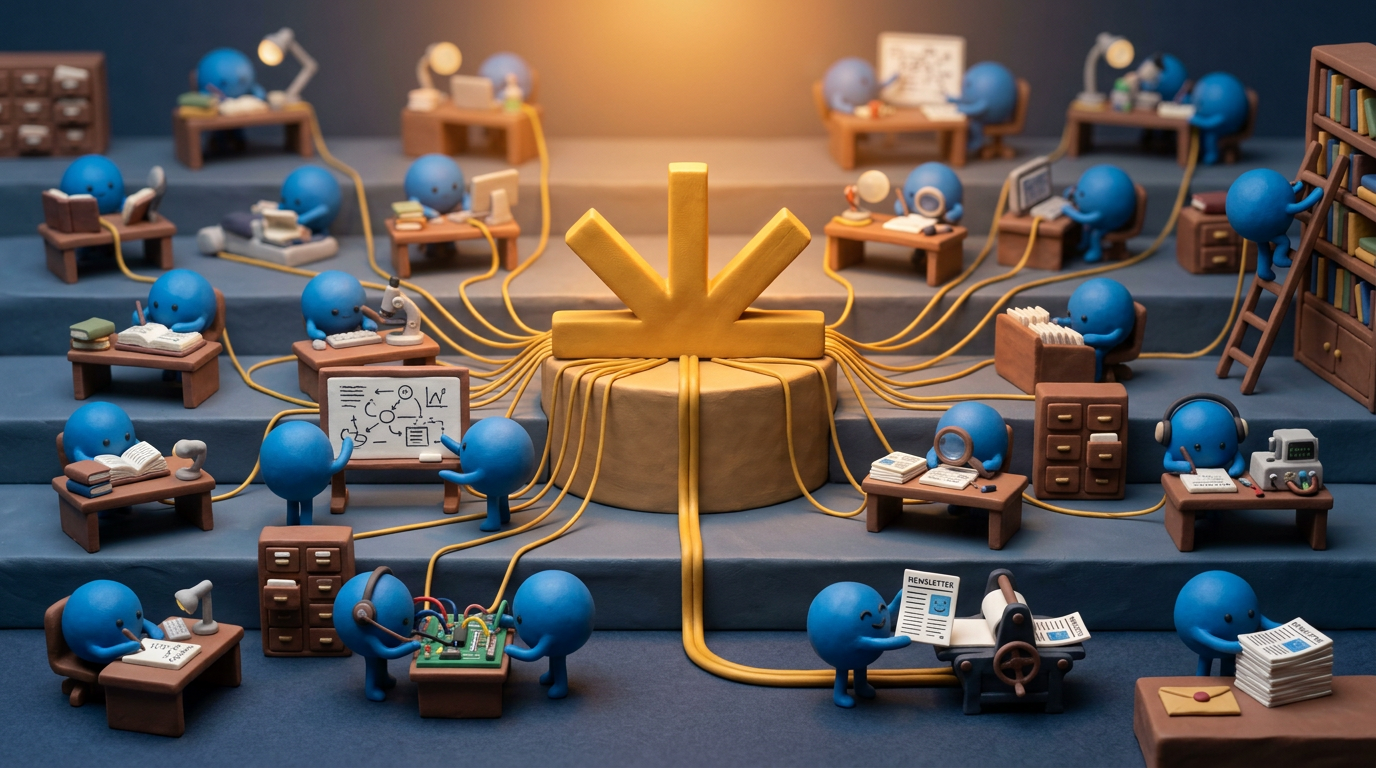 Clay miniature world: a golden half-sun hub radiates cables to twenty agent workstations, each busy with a different task