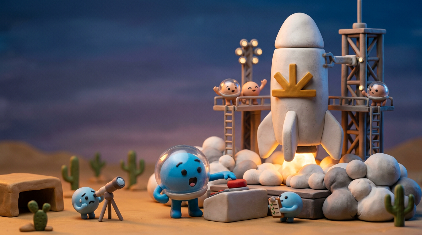 Clay launch pad at dusk: agents in space helmets coordinating a rocket launch with the half-sun emblem