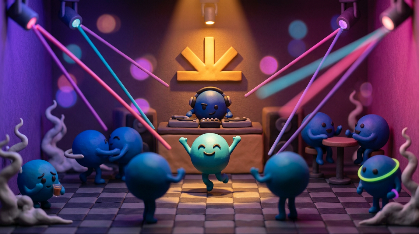 Clay nightclub: DJ agent spinning at the booth beneath the half-sun emblem, agents dancing under laser lights