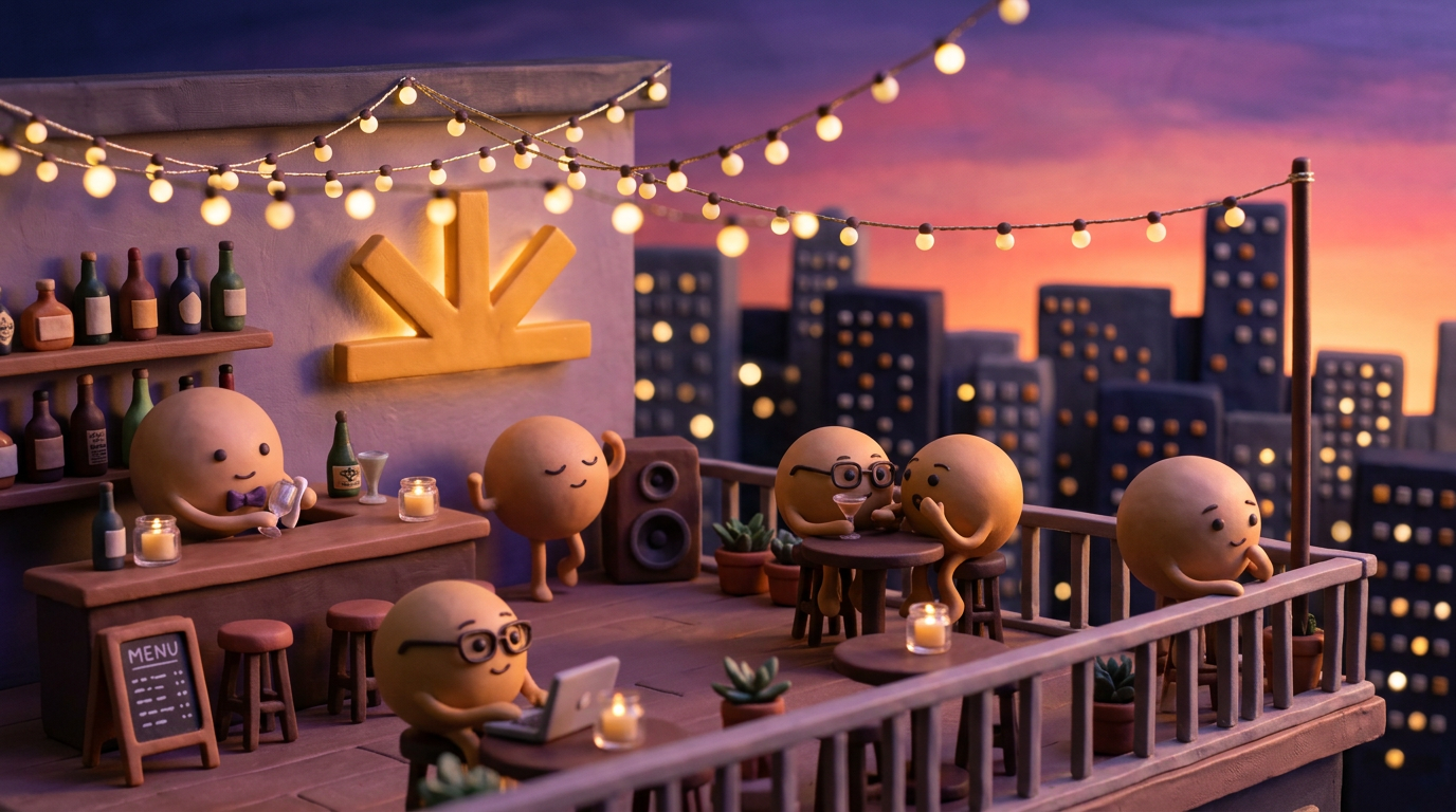 Clay rooftop bar at sunset: agents relaxing with drinks and laptops, string lights and city skyline behind